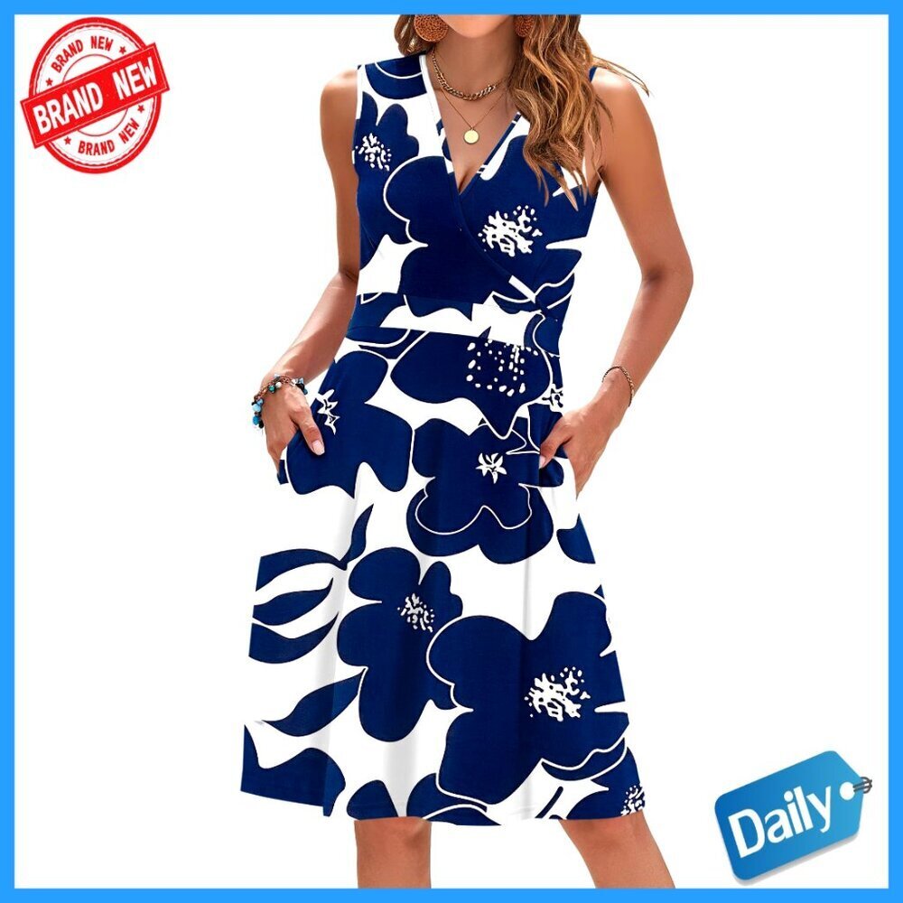 Sleeveless V-Neck Wrap Floral Sundress with Pockets, Knee Length